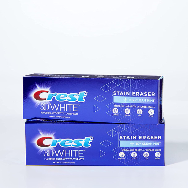 Crest 3D White Stain Eraser Teeth Whitening Toothpaste, ICY Clean Mint, 3.1 oz, Pack of 2