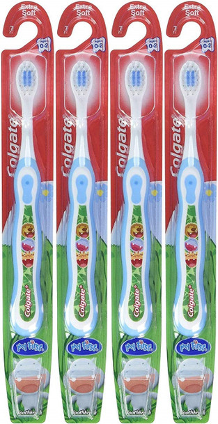 Colgate My First Toothbrush, Ages 0-2, Extra Soft 7, (Pack of 4) Color Light Blue