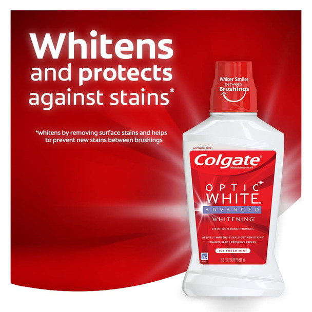 Colgate Optic White Alcohol Free Whitening Mouthwash, 2% Hydrogen Peroxide, Fresh Mint - 946mL, 32 Fluid Ounce (3 Pack)