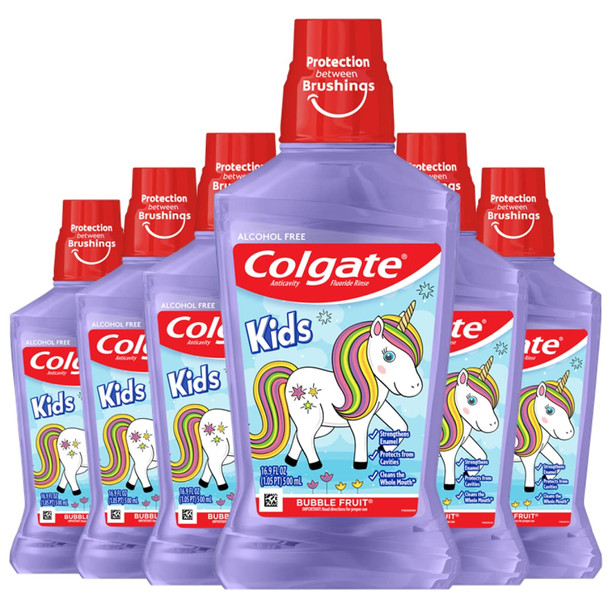 Colgate Kids Anticavity Mouthwash, Unicorn, Bubble Fruit for Ages 6 and Older - 500 mL, 16.9 Fluid Ounce (6 Pack)