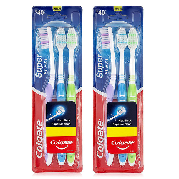 Colgate Super Flexi Toothbrush with Tongue Cleaner, Soft - Pack of 6