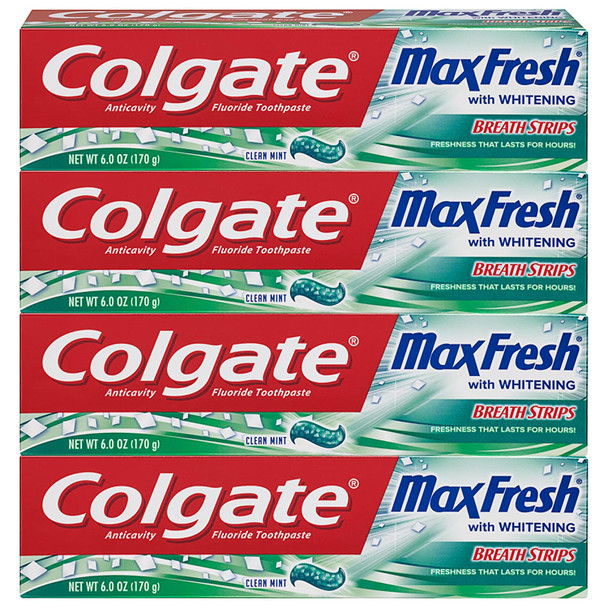 Colgate Max Fresh Whitening Toothpaste with Breath Strips, 6 Oz, Limited Edition, Clean mint, 24 Ounce (Pack of 4)