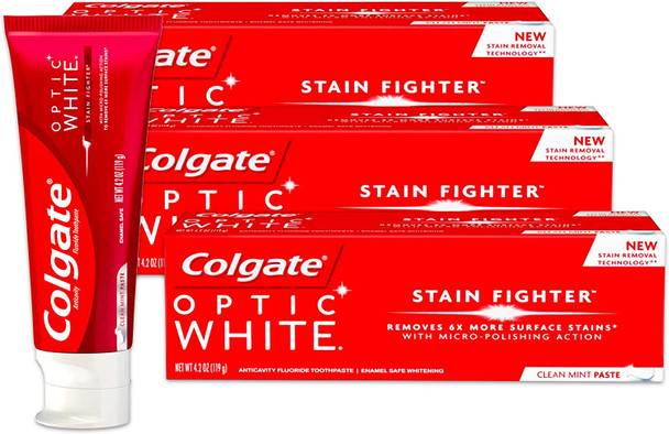 Colgate Optic White Stain Fighter Anticavity Fluoride Toothpaste, Clean Mint Paste, 4.2 Ounces (Pack of 3)