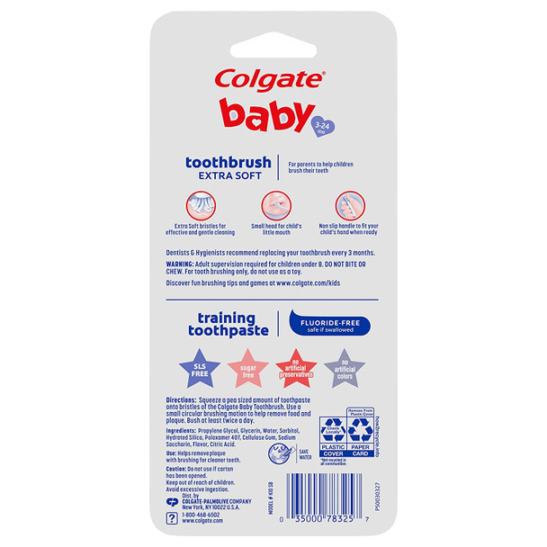 Colgate My First Baby and Toddler Training Toothbrush and Fluoride Free Toothpaste Set for Ages 0-2 Years