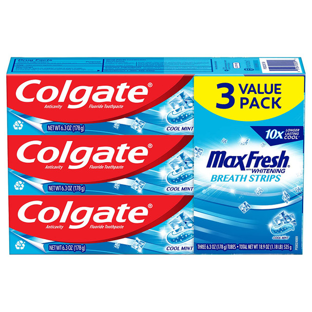 Colgate Max Fresh with Whitening Toothpaste with Mini Breath Strips, Cool Mint Toothpaste for Bad Breath, 6.3 Oz Tube. 3 Pack