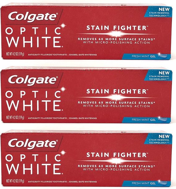 Colgate Optic White Stain Fighter Anticavity Fluoride Toothpaste, Fresh Mint Gel, 4.2 Ounces (Pack of 3)