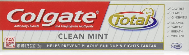 Colgate Total Toothpaste, Anticavity Fluoride and Antigingivitis, Clean Mint Travel Size, TSA Aproved, 0.75 Oz (12 Pack)