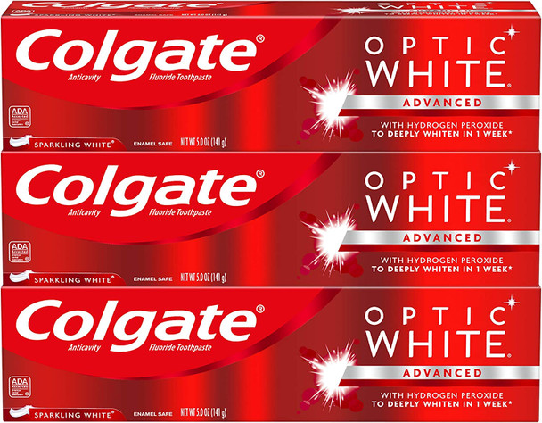 Colgate Optic White Whitening Toothpaste, Sparkling White - 5 ounce (3 Pack)