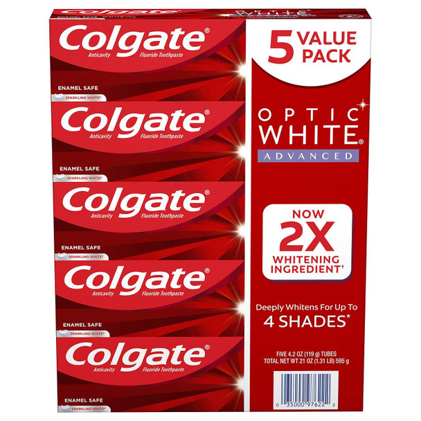 Colgate Optic White Advanced Teeth Whitening Toothpaste, Sparkling White (4.2 Oz., 5 Pk.), 21 Oz