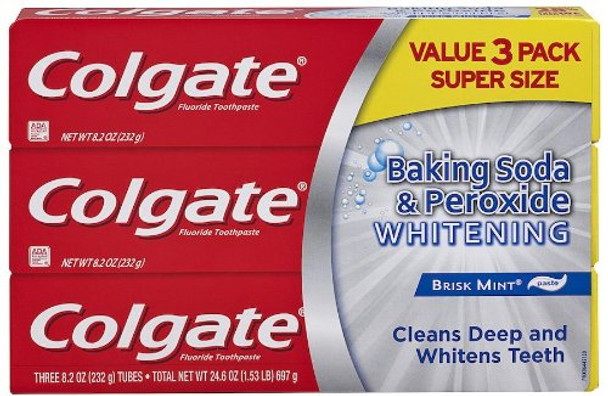 Colgate Baking Soda and Peroxide Whitening Toothpaste, Brisk Mint - 8.2 Ounce (3 Pack)