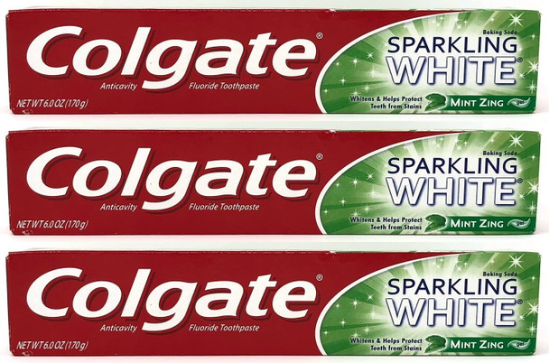 Colgate Sparkling White Baking Soda Anticavity Fluoride Gel Toothpaste, Mint Zing, 6 oz (Pack of 3)