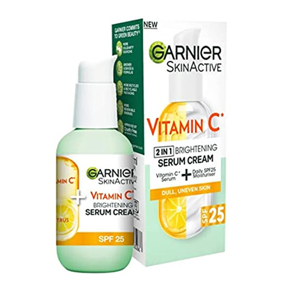 Garnier Vitamin C Serum Cream, 2in1 Formula with 20% Vitamin C serum & SPF 25 Moisturiser, Hydrate & Reveal Bright Glowing Skin, Organic & Vegan Formula, 50ml