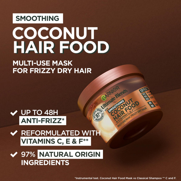Garnier Hair Food 3-in-1 Hair Treatment Mask, Smooths and Nourishes, For Frizzy & Curly Hair, No Silicones, Vegan Formula, Coconut and Macadamia, Ultimate Blends, 400ml