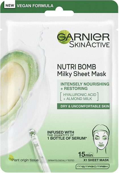 Garnier Nutri Bomb Milky Sheet Mask, With Almond Milk and Hyaluronic Acid for Hydrated Glowing Skin, Intensely Nourishing & Restoring Milky Face Masks, Vegan Tissue