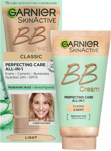 NEW & IMPROVED Garnier SkinActive Classic Perfecting All-in-1 BB Cream, Shade Classic Light, Tinted Moisturiser SPF 15, Brightens and Evens Skin, With Hyaluronic Acid Aloe & Mineral Pigments, 50 ml