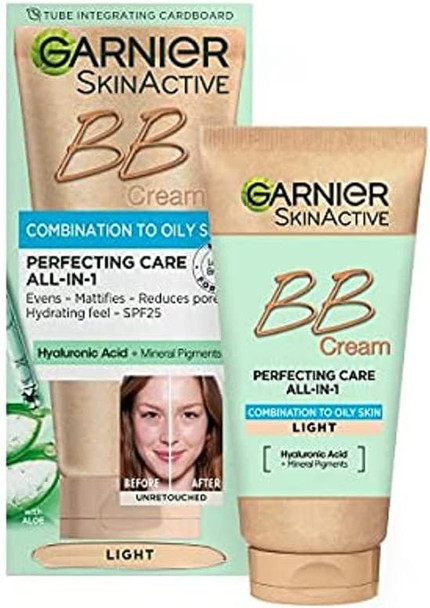 NEW & IMPROVED Garnier Oil-Free Perfecting All-in-1 BB Cream, Shade Light, Tinted Moisturiser SPF25, Mattifies Skin & Evens Complexion, With Hyaluronic Acid, Aloe & Mineral Pigments, 50ml