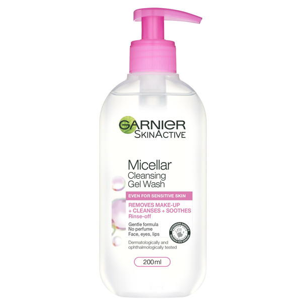 Garnier Micellar Gel Face Wash For Sensitive Skin 200Ml, Gentle Face Cleanser & Makeup Remover, Recognised By The British Skin Foundation, Rinse-Off, Non-Drying & Fragrance Free Formula