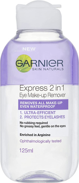 Garnier Skin Naturals 2in1 Eye Make Up Remover 125ml, Suitable For Waterproof Makeup, Gentle On Eyes & Eyelashes, Use With Reusable Micellar Eco Pads