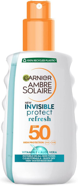 Garnier Ambre Solaire Invisible Protect Refresh Spray SPF50, Invisible Finish Transparent Sun Cream Spray, High Sun Protection Factor 50 SPF, Water Resistant Sunscreen, UVA & UVB Protection, 200ml