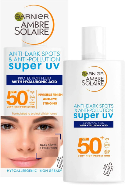 Garnier Ambre Solaire Anti-Dark Spots & Anti-Pollution Super UV Protection Fluid SPF50 +, with Hyaluronic acid - 40 ml