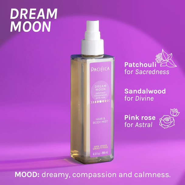 Pacifica Beauty | Dream Moon Hair Perfume & Body Spray | Pink Rose, Sandalwood, Patchouli Notes | Natural + Essential Oils | Alcohol Free | Clean Fragrance | Vegan + Cruelty Free