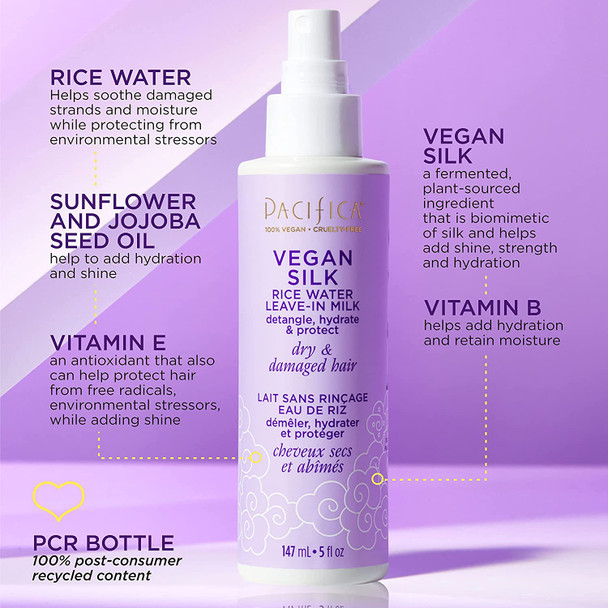 Pacifica Beauty, Vegan Silk Rice Water Leave In Spray, Styling Treatment, For Dry, Colored or Damaged Hair, Smoothing, Moisturizing, Vitamin B + E, Coconut Oil, Biotin, Silicone + Sulfate Free, Vegan