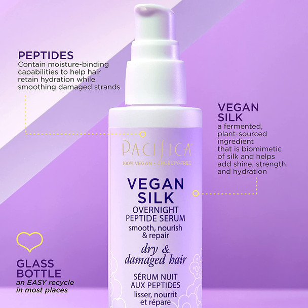 Pacifica Beauty | Vegan Silk Overnight Peptide Hair Serum | Add Shines + Repairs Damage | Silicone Free | For Color Treated + Dry/Damaged Hair | Clean Hair Treatment | Vegan