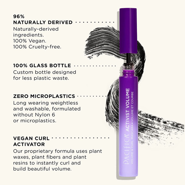 Pacifica Beauty | Activist Curling Mascara | Black | Volume and Length | Vegan Brush | Glass Tube | Clean Eye Makeup | Plant-Fibers | Microplastic + Nylon 6 Free | Vegan, Talc-Free, Cruelty-Free