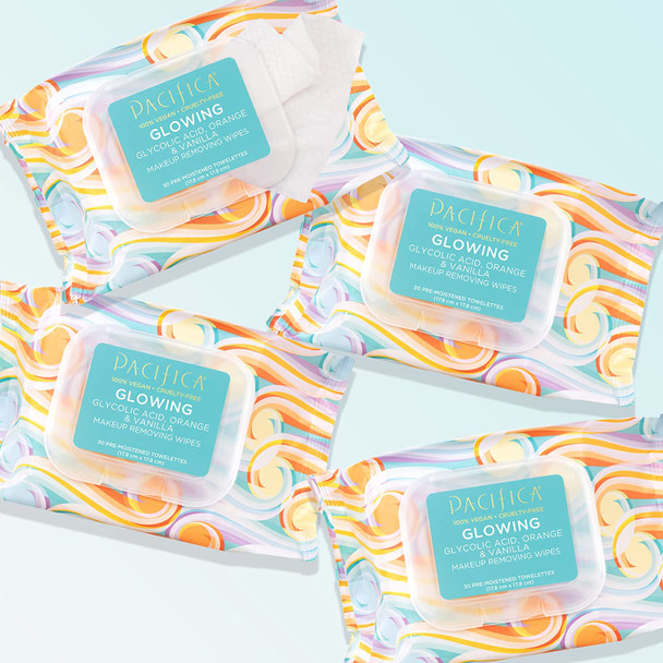 Pacifica Beauty | Glowing Makeup Remover Wipes | Gycolic Acid, Coconut Water, Aloe Infused | Daily Cleansing + Exfoliating | Clean Skin Care | Plant Fiber Facial Towelettes | 4 Count | Vegan
