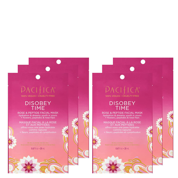 Pacifica Beauty Disobey Time Peptide Hydrating Facial Sheet Mask | For All Skin Types | 6 Count | Hyaluronic Acid, Rose + Peptides | 100% Cotton Mask | Moisturizing + Calming | Vegan + Cruelty Free