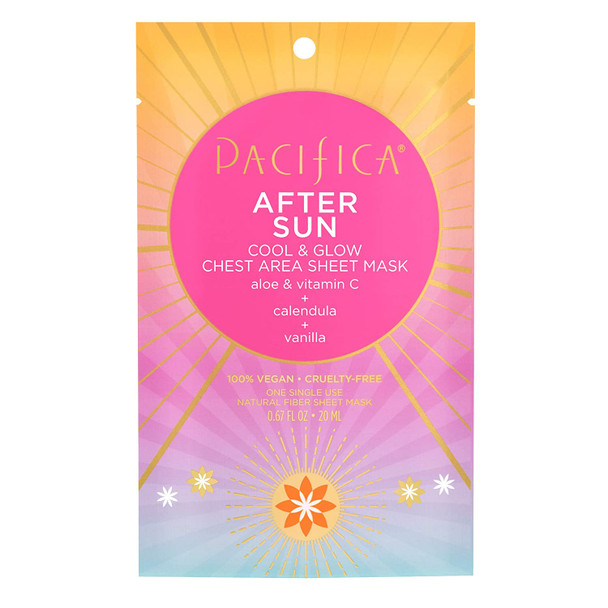 Pacifica Beauty, After Sun Cool & Glow Chest Area Sheet Mask, Aloe Vera, Calendula, Vitamin C, Vanilla, Cooling Mask, Suncare + Skincare, Sun Burn Relief, Vegan