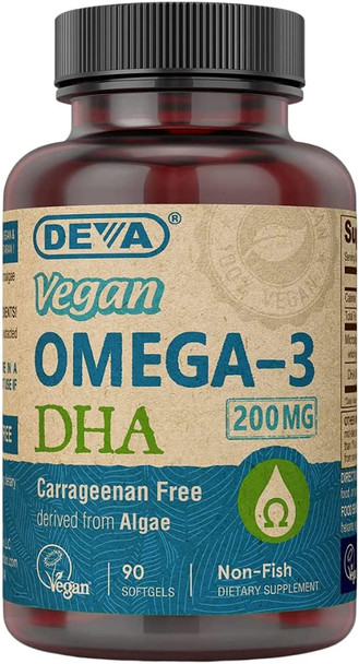 Deva Vegan Omega-3 DHA 200mg, from Algae, Non-Fish, Delayed Release, 90 Softgels, 1-Pack