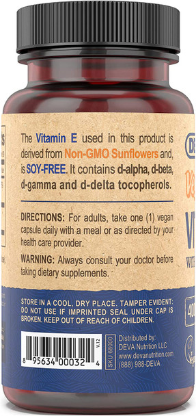 DEVA Vegan Vitamins Vitamin E 400IU with Mixed Tocopherols, Soy-Free, Non-GMO, 90 Capsules, 1-Pack