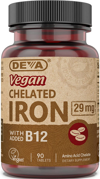 Deva Nutrition Vegan Chelated Iron 29 mg Fortified with B-12 - High Potency, Easy to Swallow, 90 Tablets, 1-Pack