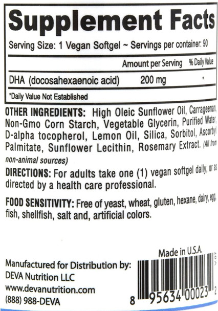 Deva Vegan Omega - 3 DHA - 90 Vegan Softgels - Gluten  - Dairy  - Yeast  - Wheat  - Vegan