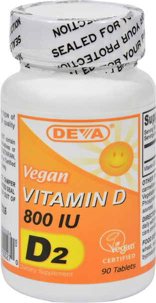 Deva Vegan Vitamin D - 800 IU - Essential in Healthy Bones - Gluten Free - 90 Tablets (Pack of 2)