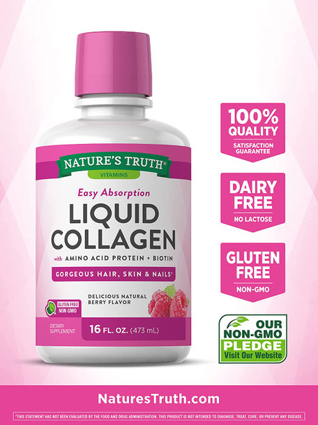 Nature's Truth Liquid Collagen 16 oz Non-GMO, Gluten Free Supplement Natural Berry Flavor Collagen Peptide Formula for Women and Men, Off-White (469467)