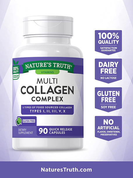 Multi Collagen Protein Capsules | 90 Count | Type I, II, III, V, X | Collagen Peptide Pills | Gluten Free Supplement | by Nature's Truth