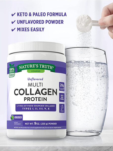 Nature's Truth Multi Collagen Powder | 9 oz | Type I, II, III, V, X | Hydrolyzed Collagen Peptide Protein Powder | Keto and Paleo Friendly | Unflavored | Gluten Free