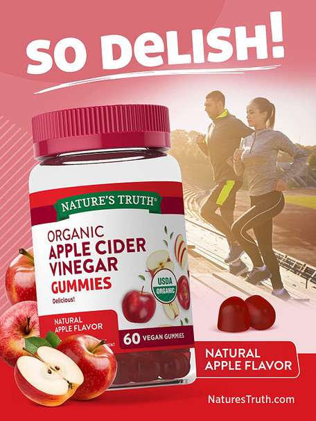 Organic Apple Cider Vinegar Gummies | 60 Count | Vegan, Gluten  & Non-GMO | USDA  Organic | Apple Flavor | by Nature's Truth Organic Apple Cider Vinegar Gummies | 60 Count | Vegan, Gluten  & Non-GMO | USDA  Organic | Apple Flavor | by Nature's Truth