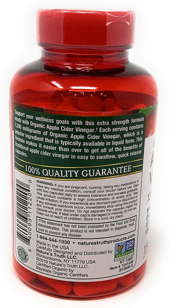 Nature's Truth Organic Apple Cider Vinegar Extra Strength Quick Release 1200 MG Gluten Free, Dairy Free, Non -GMO, No Preservative - 180 Vegetarian Capsules (1 Pack - 180 Capsules)