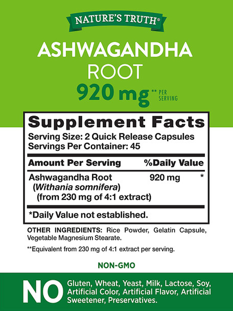 Ashwagandha Capsules | 920 mg | 90 Count | Non-GMO & Gluten Free Supplement | by Nature's Truth