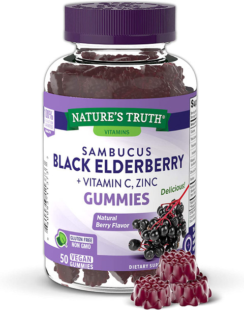 Sambucus Black Elderberry Gummies | 50 Count | with Vitamin C and Zinc | Natural Berry Flavor | Vegan, Non-GMO, Gluten Free | Extract Gummies for Adults | by Nature's Truth