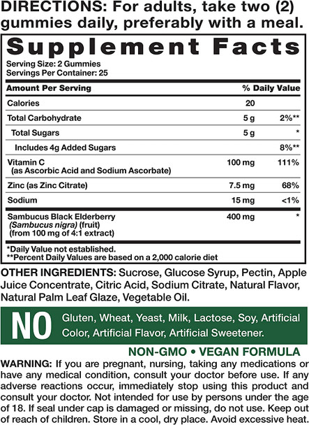 Sambucus Black Elderberry Gummies | 50 Count | with Vitamin C and Zinc | Natural Berry Flavor | Vegan, Non-GMO, Gluten Free | Extract Gummies for Adults | by Nature's Truth