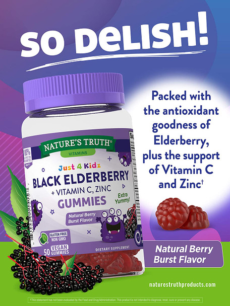 Kids Black Elderberry Gummies | 50 Count | with Zinc and Vitamin C | Vegan, Non-GMO & Gluten Free Supplement | by Nature's Truth