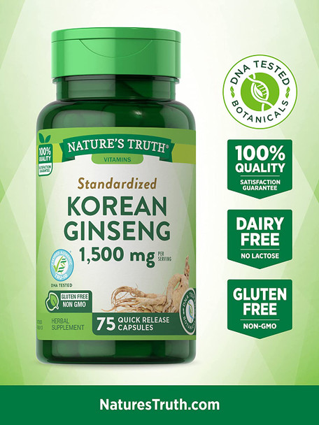 Korean Ginseng Capsules | 75 Count | Standardized Extract from Ginseng Root | Non-GMO, Gluten  Supplement | by Nature's Truth