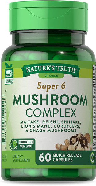 Mushroom Supplement Capsules | 60 Count | Full Spectrum | Non-GMO, Gluten  | Complex of Super 6 Mushrooms | by Nature's Truth