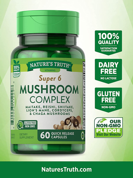 Mushroom Supplement Capsules | 60 Count | Full Spectrum | Non-GMO, Gluten Free | Complex of Super 6 Mushrooms | by Nature's Truth