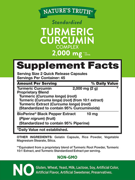 Nature's Truth Turmeric Curcumin 2000 mg, with 95% Standardized Curcuminoids and Bioperine, Non-GMO, Gluten  Supplement, 90 Capsules Nature's Truth Turmeric Curcumin 2000 mg, with 95% Standardized Curcuminoids and Bioperine, Non-GMO, Gluten  Supplement, 90 Capsules
