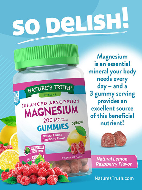 Magnesium Gummies | 200mg | 60 Count | Vegan, Non-GMO & Gluten Free Supplement | Enhanced Absorption | by Nature's Truth